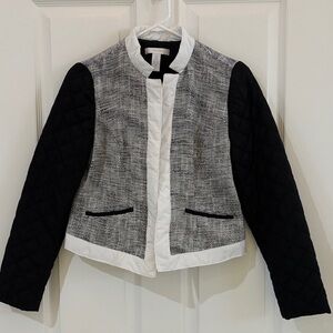 Chico's Black Quilted Sleeve Tweed-Front Jacket with White Trim